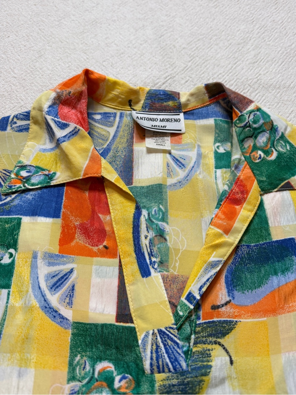 VTG 80s Fruit Print Yellow Patchwork Rayon Satin Popover Twiggy Dress S Mini - Picture 6 of 8